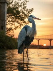 Naklejka premium Great blue heron standing in water at sunset with bridge in background, bird, feathers