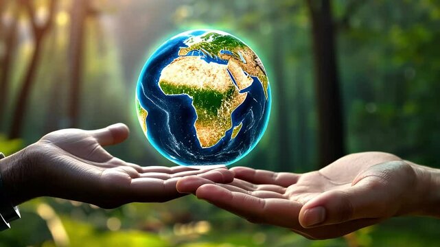 Global unity and sustainability: hands holding earth in a lush forest setting