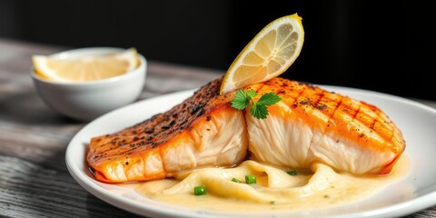 Grilled salmon fillet topped with fresh lemon and lime wedges on a white plate with garnish, culinary, wedge, cooking