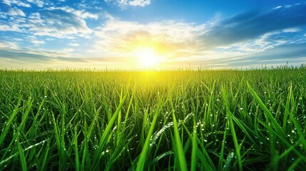 Dewy sunrise meadow, idyllic landscape, vibrant green grass