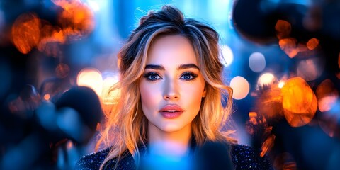 Naklejka premium A close-up portrait of a woman with wavy hair, bright makeup, and out-of-focus lights and cameras in the background. Concept Close-Up Portrait, Wavy Hair, Bright Makeup, Bokeh Background