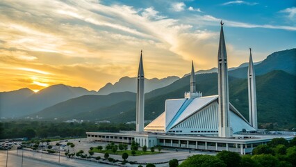 A breathtaking daytime view of the Faisal Mosque in Islamabad