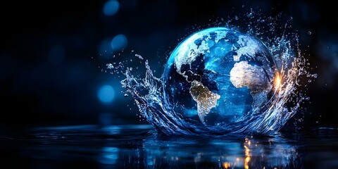 A globe surrounded by dynamic water splashes, illuminated with blue and gold tones, representing...