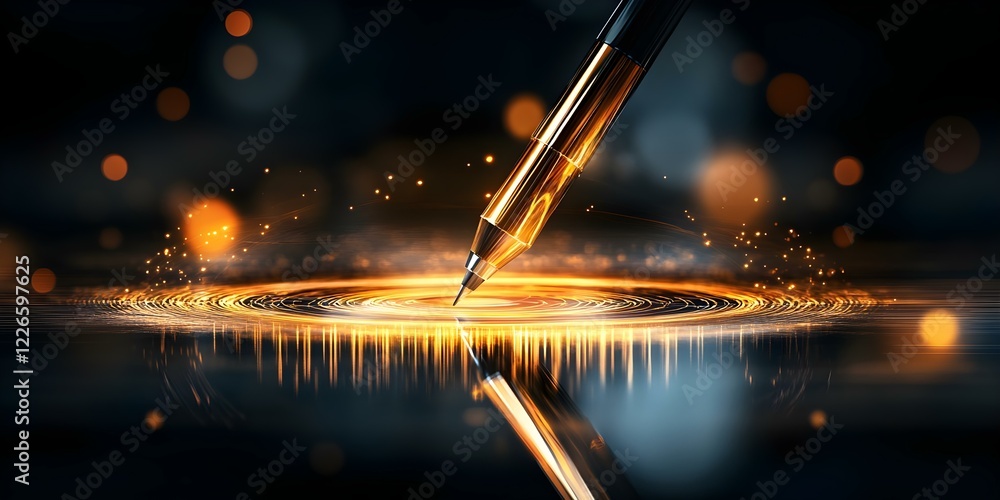 Poster a sleek pen poised above a circular pattern of glowing golden light and sparkles, creating a captiva