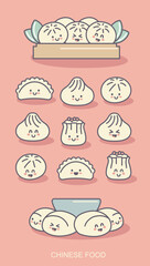 Flat Chinese kawaii dumplings. Xiao Long Bao, Siu Mai, Baozi