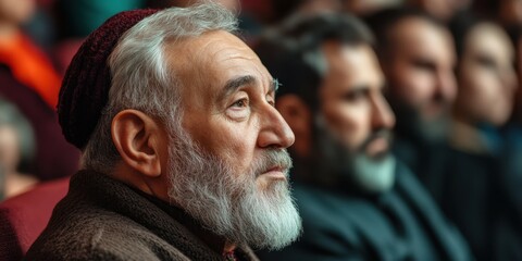 Fototapeta premium World Day of Muslim Culture Peace Dialogue and Film Elderly caucasian male in thoughtful pose at indoor gathering