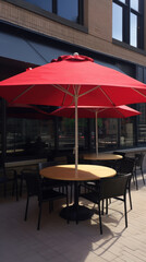 Outdoor cafe terrace with red umbrellas and seating on sunny day