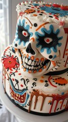 Colorful sugar skull cake with festive decorations