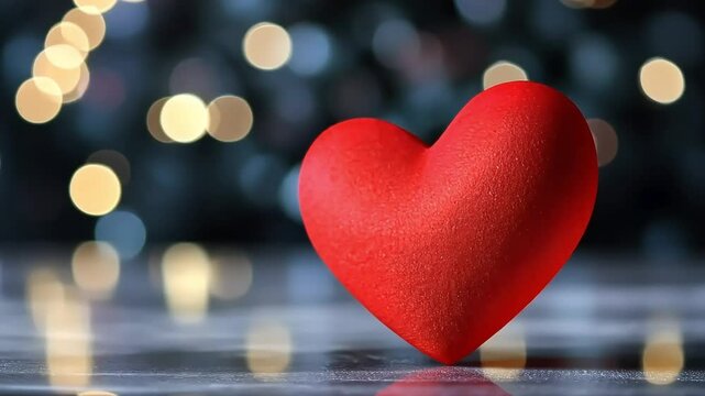 Red heart on reflective surface with defocused bokeh: capturing love, romance, and tranquility in stock footage