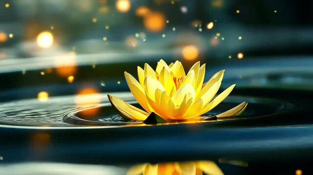 Tranquil yellow lotus floating in peaceful water with ambient light particles