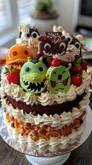 Whimsical monster-themed cake with colorful frosting and edible decorations