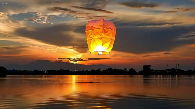 serene sunset lantern journey: illuminated wishes and reflective waters