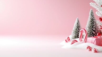Pink Christmas scene with candy canes and gifts. Holiday greeting card or website banner