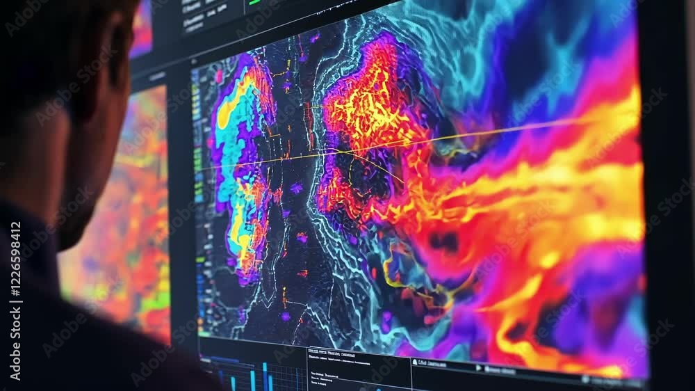 Poster engineer is analyzing colorful digital information displayed on multiple computer screens, possibly 