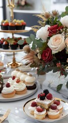 Elegant dessert table with cupcakes and floral arrangement at celebration