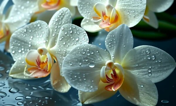 Close-up of delicate white orchids with water droplets, set against a soft blue background, evoking tranquility