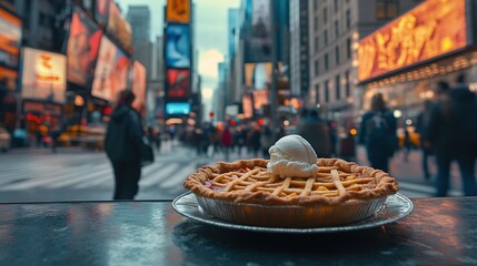Fototapeta premium Times Square dessert, pie, city, street, crowd, eating, autumn, delicious, food, New York