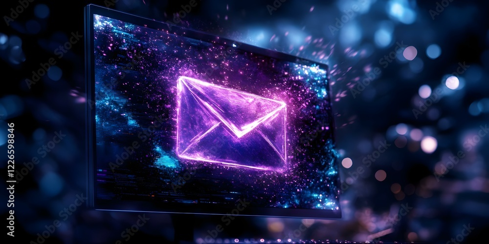 Poster a glowing digital envelope on a computer screen, symbolizing email or digital communication against 