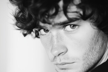 Fototapeta premium Intense Black and White Portrait of Young Man with Curly Hair