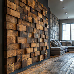Wooden luxury wood decoration wall in dark brown, on wall in living room.