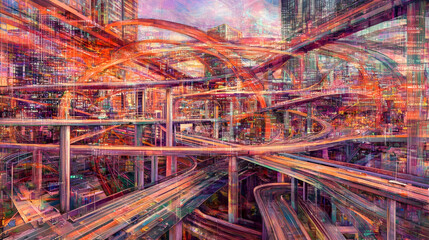 Abstract city highway interchange, complex network of roads and bridges, vibrant colors, futuristic cityscape, digital art, intricate design, transportation infrastructure.