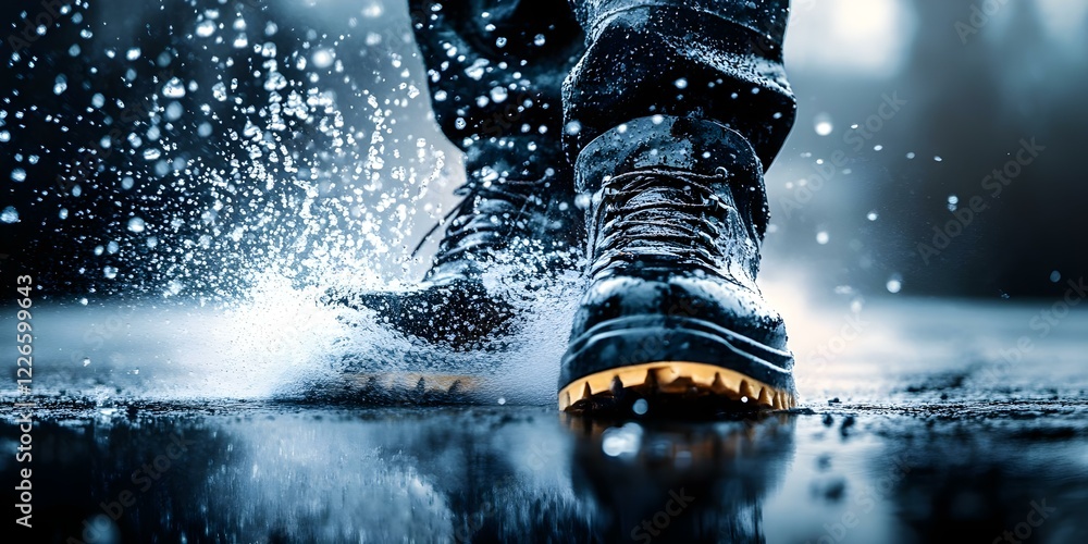 Poster close-up of a boot splashing water on a wet surface, emphasizing motion and the effects of rain. con
