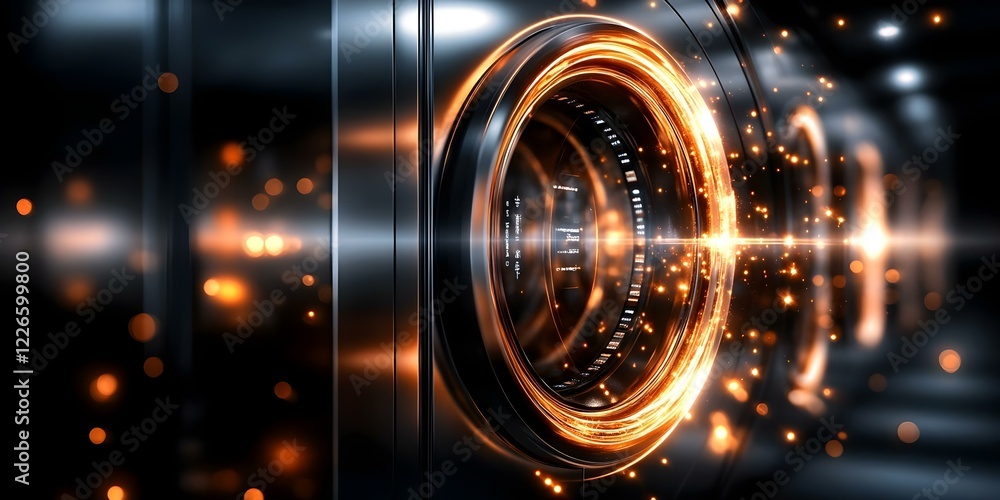Poster a close-up view of a futuristic lens with sparks or light effects, creating a visually striking and 