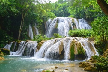 Obraz premium A breathtaking waterfall cascades down rocky cliffs, surrounded by lush greenery and vibrant tropical plants, creating a serene natural oasis.