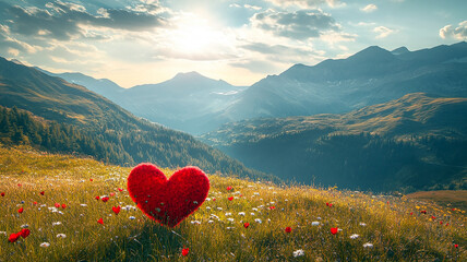 valentine's day card love red heart in mountains warm and passion concept