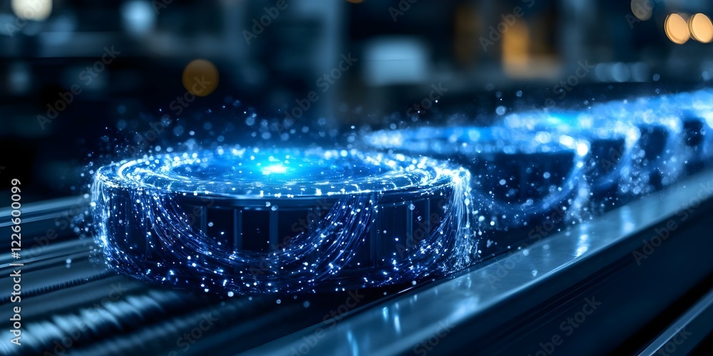 Poster conveyor belt with glowing, futuristic circular objects, possibly representing advanced technology o