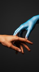 Two Hands Reaching, Painted in Blue and Brown, Touching