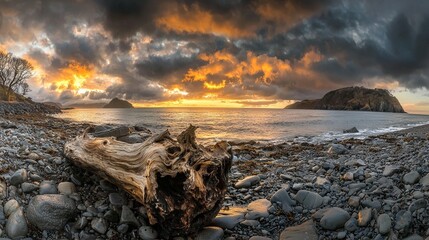 Sunset Coastline, Driftwood, Rocky Beach
