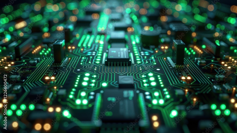 Poster tech-inspired elements such as circuits, grids, and digital waveforms.