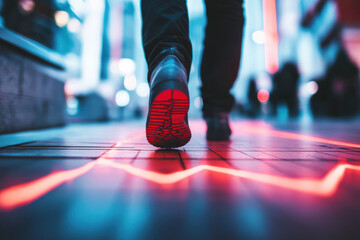 Fototapeta premium Man walking stealthily on red line graph