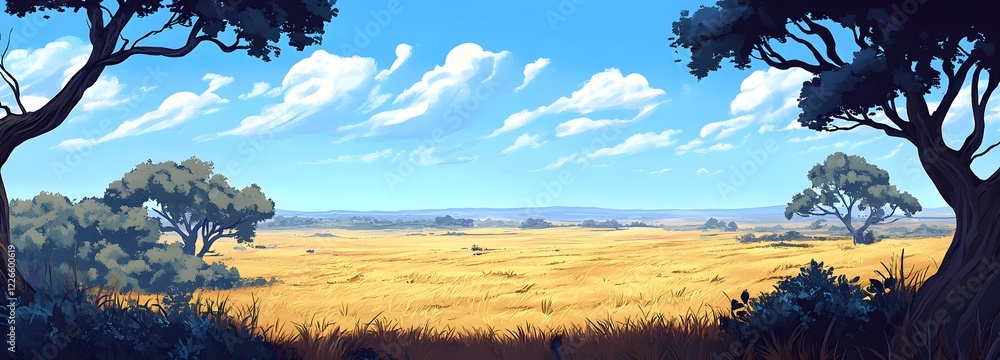 Poster a vast savannah with sparse trees and an endless horizon