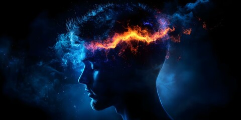 A silhouette of a person with a vivid, fiery galaxy effect emanating from their head, symbolizing creativity or imagination. Concept Galaxy Silhouette Art, Creativity Symbolism