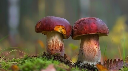 Fototapeta premium Mushroom on a reserved background, beautiful outdoor specimen. Background hushed, mushroom marked.