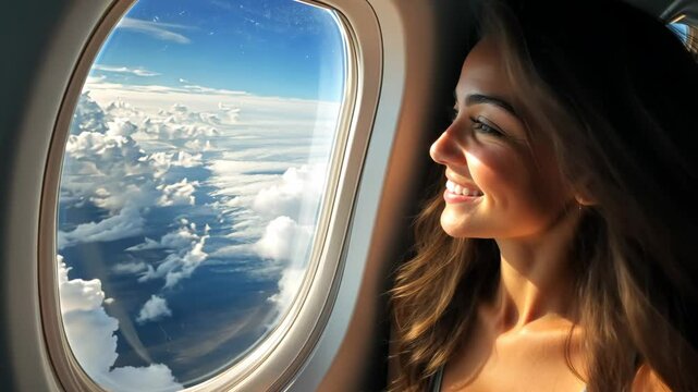 pretty woman looking through window inside a plane. travel experience concept