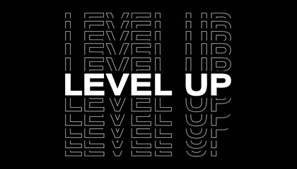 Illustation of level up title in white on a black background - Suitable for gaming.
