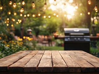 Rustic wooden table with string lights and blurred garden background at sunset golden hour