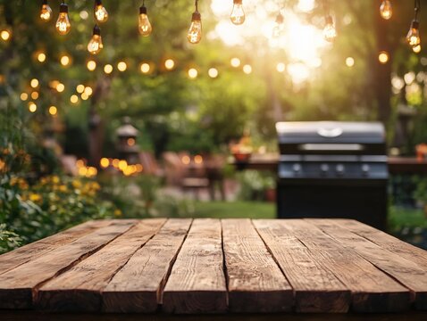 Rustic wooden table with string lights and blurred garden background at sunset golden hour - Powered by Adobe