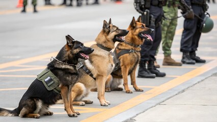 A composed shot of three German Shepherd working dogs sitting attentively in a line