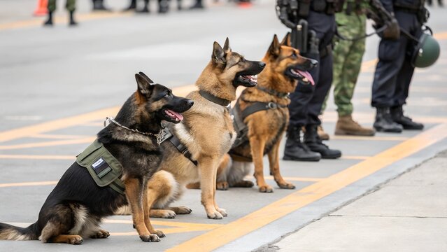 A composed shot of three German Shepherd working dogs sitting attentively in a line