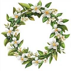 Fototapeta premium Elegant Floral Wreath Design with White Flowers and Green Leaves for Seasonal Decoration and Graphic Use