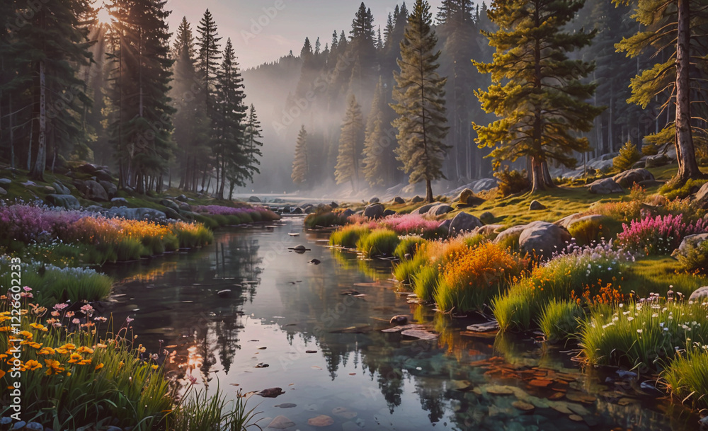 Aufkleber A beautiful, serene forest scene with a river running through it. The water is calm and the trees are lush and green. The flowers along the riverbank add a pop of color to the scene, creating a