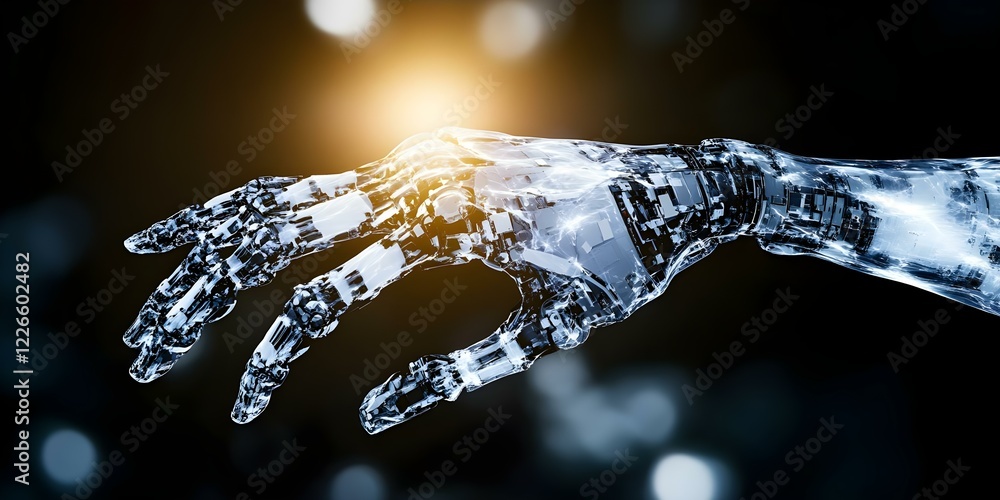Poster a futuristic robotic hand made of transparent material with intricate circuitry, reaching out agains
