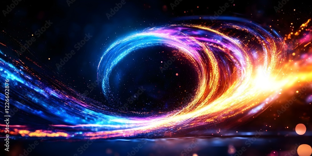Poster a colorful swirl of light resembling a cosmic or abstract energy pattern against a dark background. 
