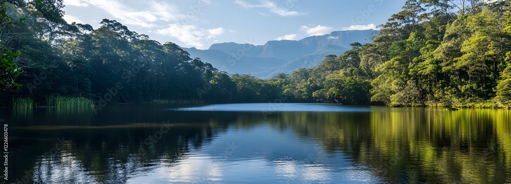 Poster a calm lake surrounded by dense trees with mountains in the background