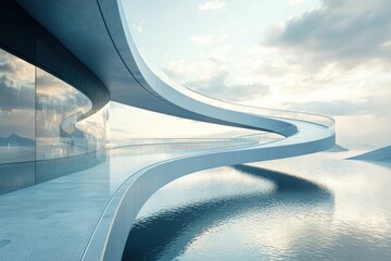 A stunning modern architectural design featuring fluid lines and reflective surfaces, blending seamlessly with tranquil water and clouds in the background.