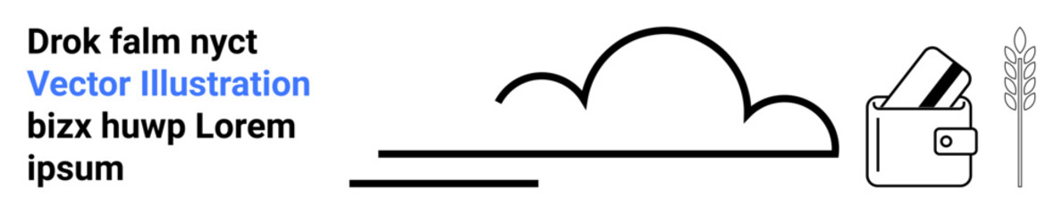 Clouds with wallet and wheat stalk represent digital cloud services, financial transactions, and agriculture. Ideal for fintech, farming, cloud storage, data management, economic growth, investment